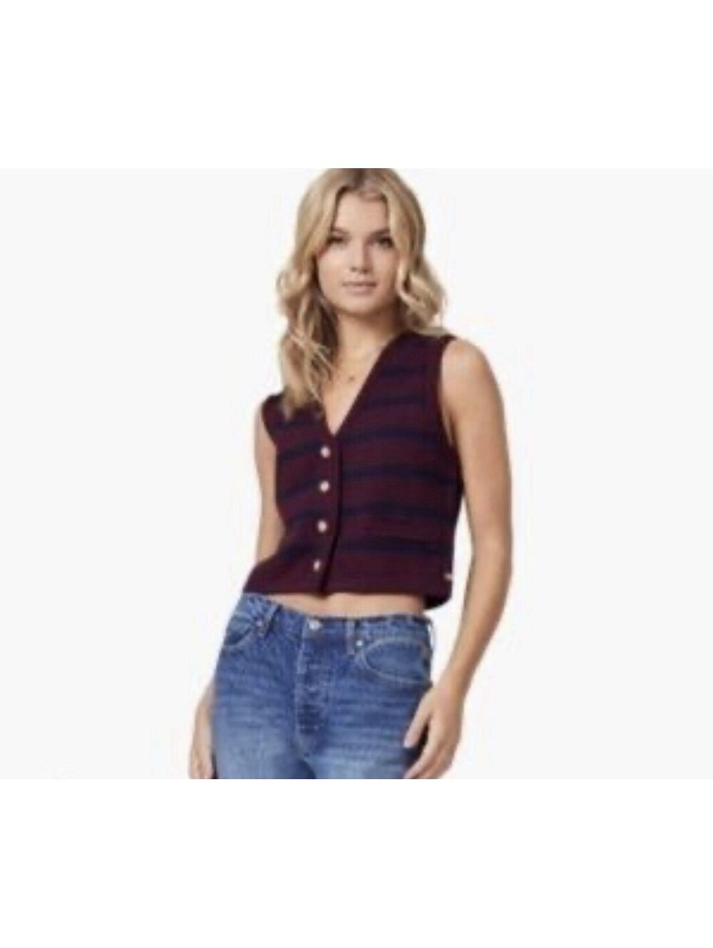 Scotch &  Soda Burgundy/Navy Blue Striped Button Up Sweater Vest Women’s Size L